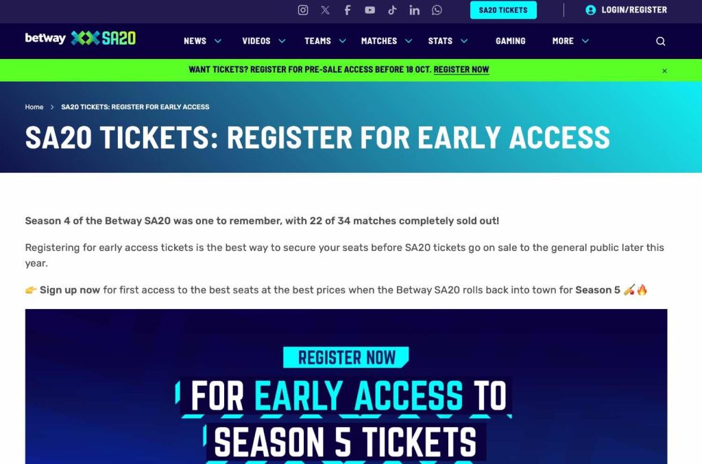 SA20 Tickets - Register For Early Access SA20 Tickets - Register For Early Access